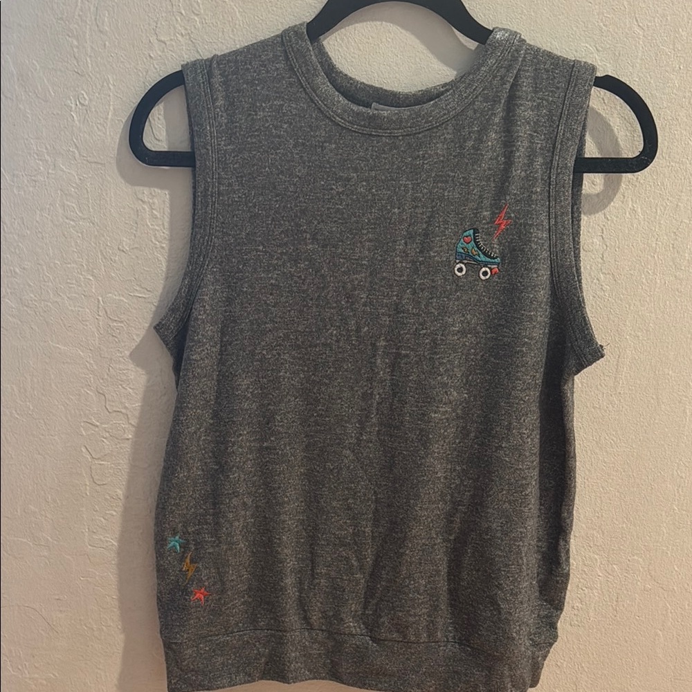 Gray Sleeveless PJ Salvage Tank with Embroidered Design